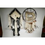 Two large North American First Nation fur, wool and feather dream catchers, largest 30"