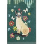 A woolwork embroidery of a Siamese cat surrounded by flowers and butterflies, 15" x 21"