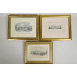 Three C19th engravings of Brighton, two featuring the pavilion and one of the beach, largest 6½" x