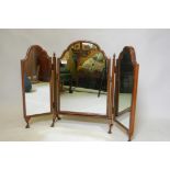A Queen Anne style walnut triptych dressing table mirror, early C20th, 18" x 26"