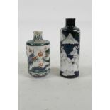 A C19th Chinese famille noire porcelain snuff bottle, featuring travellers on horseback with