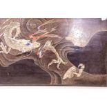 An oriental lacquered panel, with bronzed and inlaid mother of pearl decoration of a dragon in