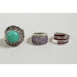 Three 925 silver rings set with turquoise, agate and amethysts