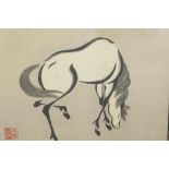 Urushbra Mokuchu, black and white print of a horse, signed, 13" x 9½"