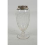 An antique engraved glass specimen vase fitted with hallmarked silver collar, 5" high