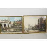 A coloured etching of Richmond Bridge and another of Lambeth Palace, after Edward King, both proof
