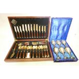 A canteen containing a 44 piece set of bronze and rosewood cutlery, and a boxed set of silver plated