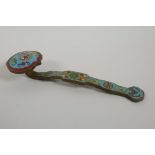 A Chinese bronze sceptre with cloisonné decoration of bats and auspicious symbols, impressed mark to
