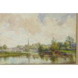 The Lacemaker's Spire, Worcester, viewed from across the river, C19th, watercolour, 20" x 14"