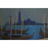 View across the Venetian Grand Canal at dusk, signed Giordano, unframed gouache, 14" x 20"