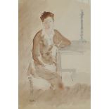 Figure seated at a table, signed Feder, ink and wash drawing, 11½" x 9½"