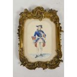 A dandy in tricorn hat, watercolour, 3½" x 5½", in ormolu frame, 9" x 6½" overall