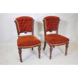 A pair of late C19th walnut chairs with shaped, buttoned back and carved decoration, bearing label
