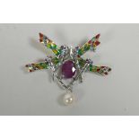 A 925 silver and plique-à-jour dragonfly brooch with a ruby cabochon, 2½" wide