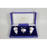 A cased Mappin & Webb three piece silver plate and ceramic cruet set with spoon
