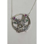 A 925 silver Georg Jensen style pendant necklace in the form of a fairy set with ruby cabochons, 1½"