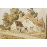 A C19th sepia watercolour of a thatched cottage with figures, 10½" x 8