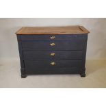 A C19th French fruitwood commode, with four long drawers and painted decoration, raised on block