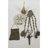 A C19th pierced metal chatelaine with accessories, together with a C19th gilt metal and mother of