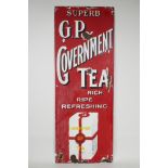 An original 1920s G.P. Government Tea pictorial enamel sign, advertising George Payne's Government