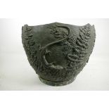 A heavy bronze jardiniere with embossed fern frond decoration, 12" high, 14½" diameter