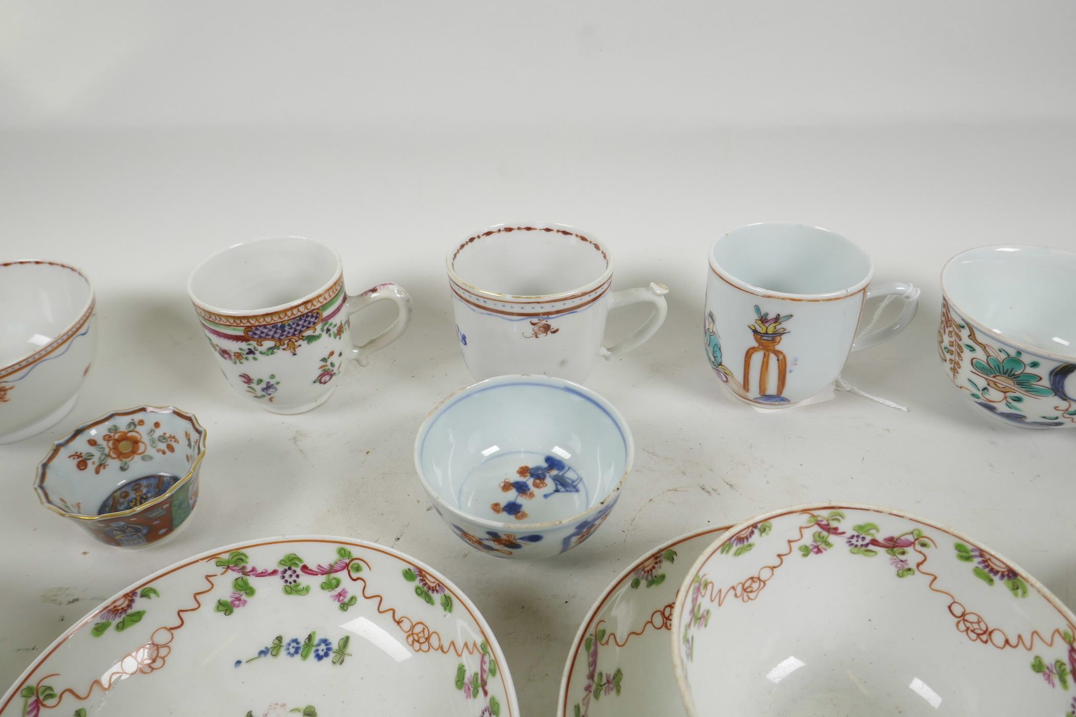 A quantity of C18th Chinese export porcelain tea bowls, tea cups and saucers, with famille rose, - Image 3 of 7