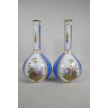 A pair of Dresden porcelain long necked vases decorated with flowers and figures, 13" high