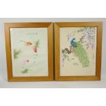 A pair of Chinese watercolours on silk, goldfish in a pool and peacock on a tree, 10" x 13½"