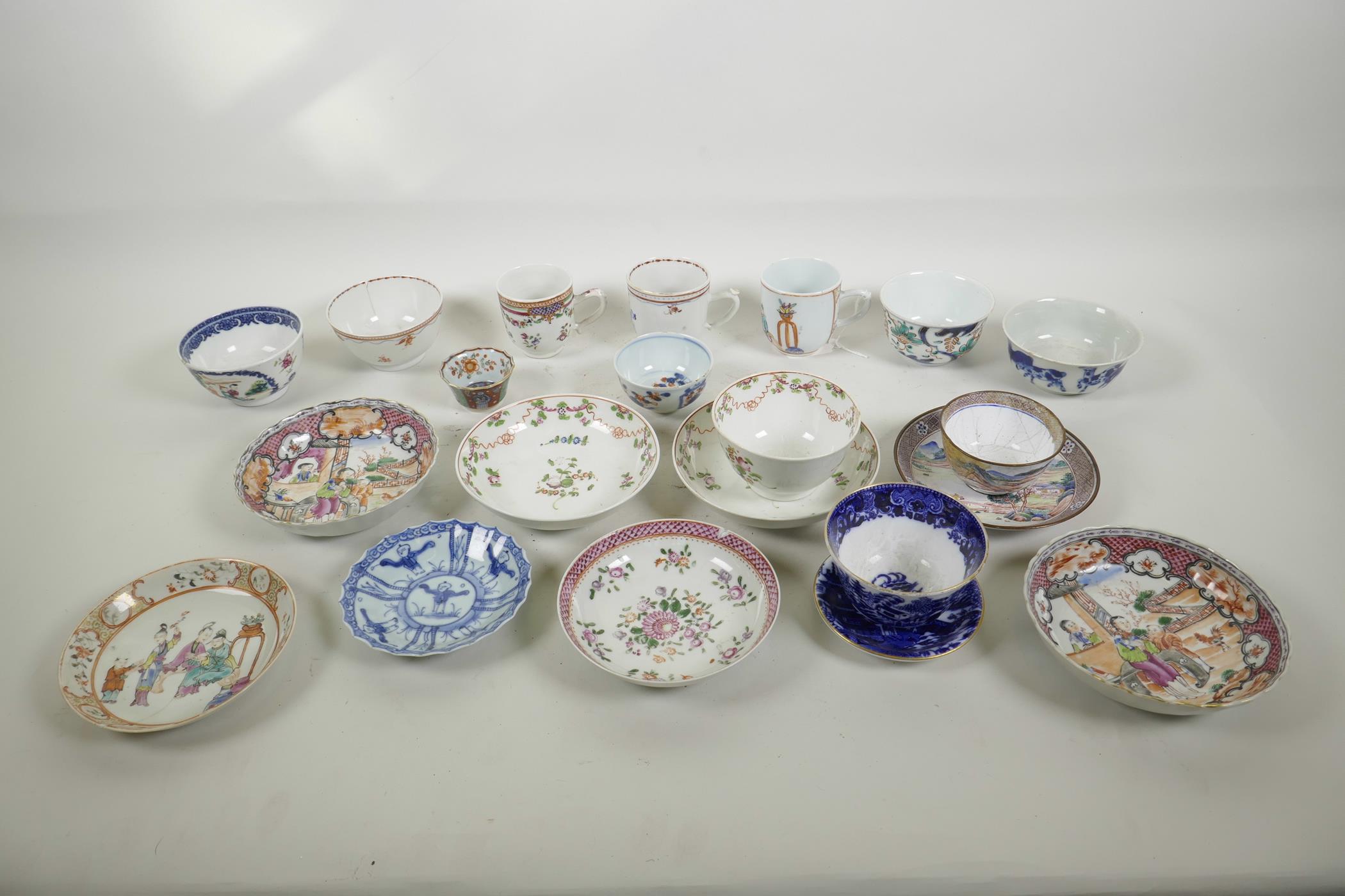 A quantity of C18th Chinese export porcelain tea bowls, tea cups and saucers, with famille rose,