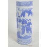 A Chinese blue and white porcelain brush pot decorated with figures in a garden, bats and