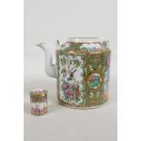 A Canton famille rose porcelain teapot painted with figures, birds and flowers, 5½" high, lacks lid,