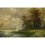 Continental School, a landscape with a fisherman on a riverbank, signed lower right, oil on board,