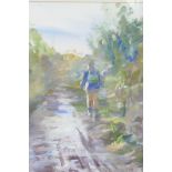 Jane Camp, The Hiker, lone figure on a rural path, Westcott Gallery label verso, watercolour, 10"