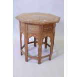 A bone inlaid Hoshiarpur octagonal occasional table with floral decoration and pierced and carved