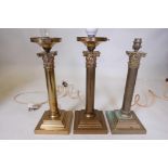 Three C19th brass Corinthian column table lamps, 15" high x 6" wide, A/F