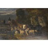 C19th British School, sheep and cattle with drover, labelled verso, oil on millboard, 15" x 10"