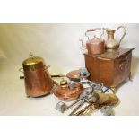 A quantity of brass and copper ware, two log bins, two bed warmers, fireside tools etc