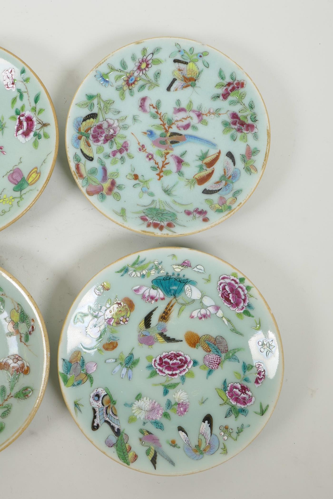 Six early C19th Chinese celadon famille rose porcelain plates, with enamel decoration of butterflies - Image 4 of 5