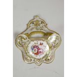 A C19th Coalport style porcelain wall pocket, hand painted with flowers, 6" x 6½"