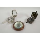 Three reproduction compasses including a brass Kelvin & Hughes, largest 4" diameter