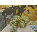 Unknown artist (mid C20th), still life, artichokes, in a post impressionist style, oil on board, 15"
