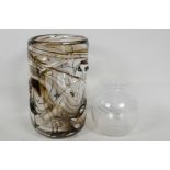 A large Whitefriars knobbly glass vase, 9" high, together with a clear glass vase with white whirled