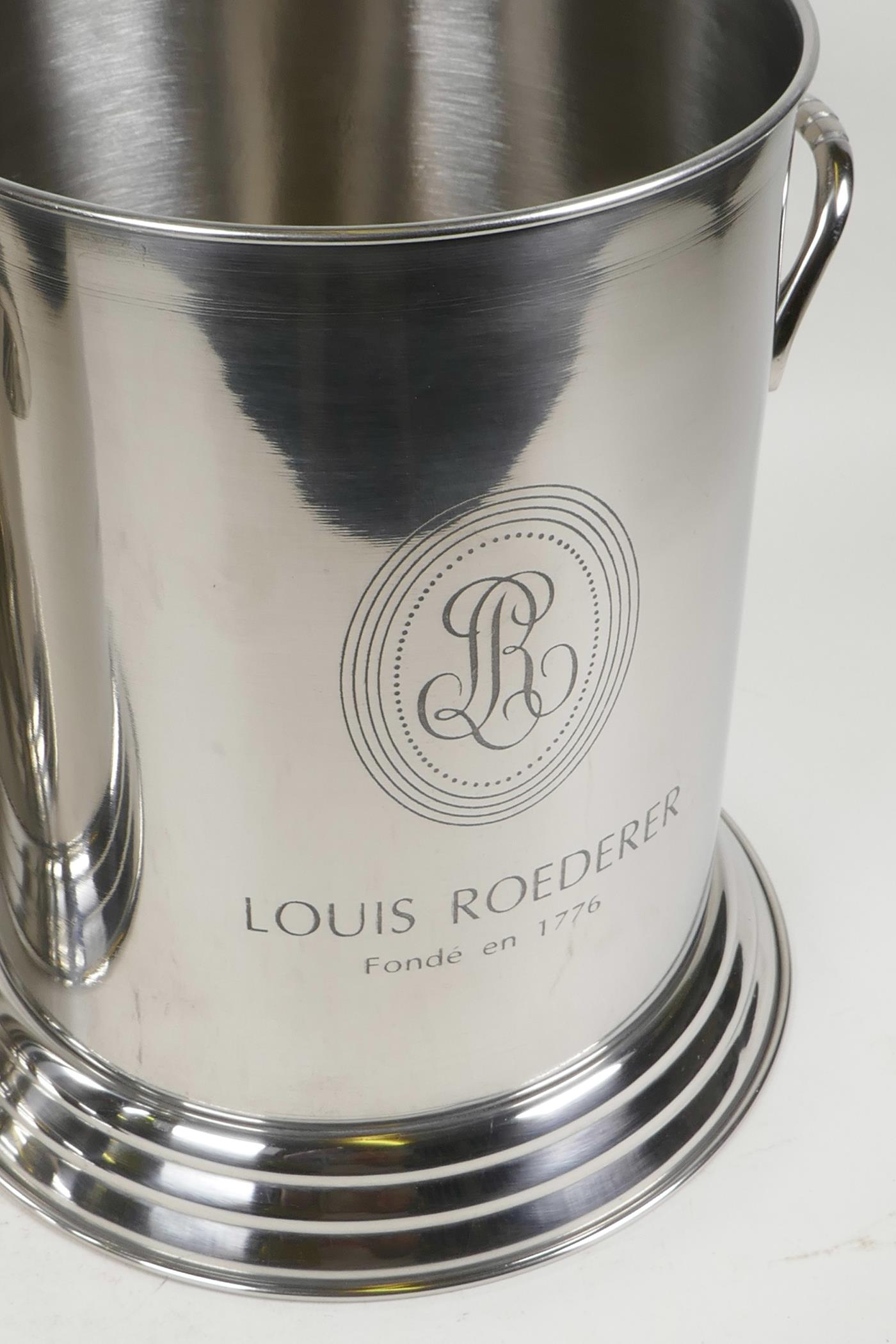 A pair of contemporary chrome plated champagne coolers with Louis Roederer decoration, 9½" high - Image 2 of 2