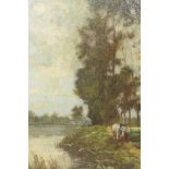 C19th continental school, river landscape with figure leading his horse, oil on canvas, 16" x 11"