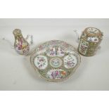 A C19th Chinese export famille rose medallion porcelain teapot, 5½" high x 6" wide, with matching