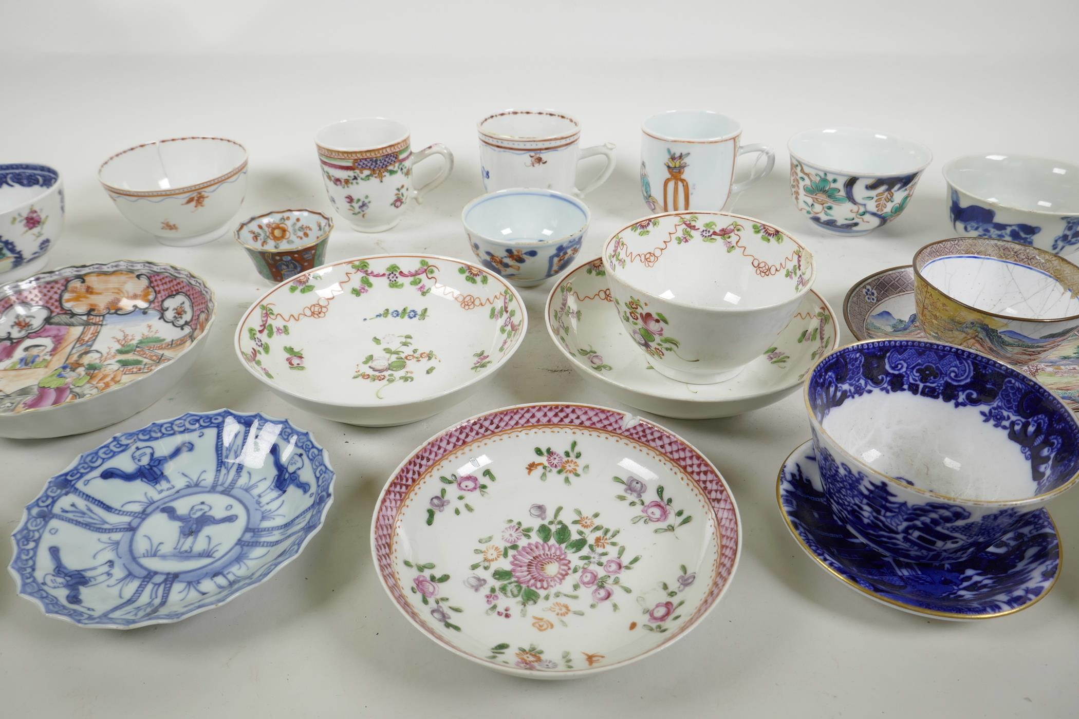 A quantity of C18th Chinese export porcelain tea bowls, tea cups and saucers, with famille rose, - Image 6 of 7