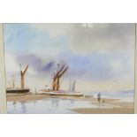Beach scene with moored and beached boats and figure walking a dog on the sand, signed indistinctly,