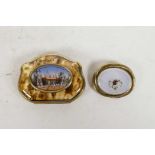 A gilt framed agate brooch set with a garnet flower, together with a small tortoiseshell purse, A/F