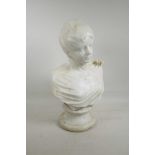 A marble bust of a veiled woman, on a turned socle, 20" high