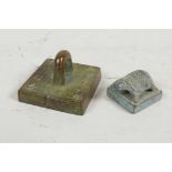 A Chinese square form bronze seal and another smaller with a tortoise knop, 2" x 2"